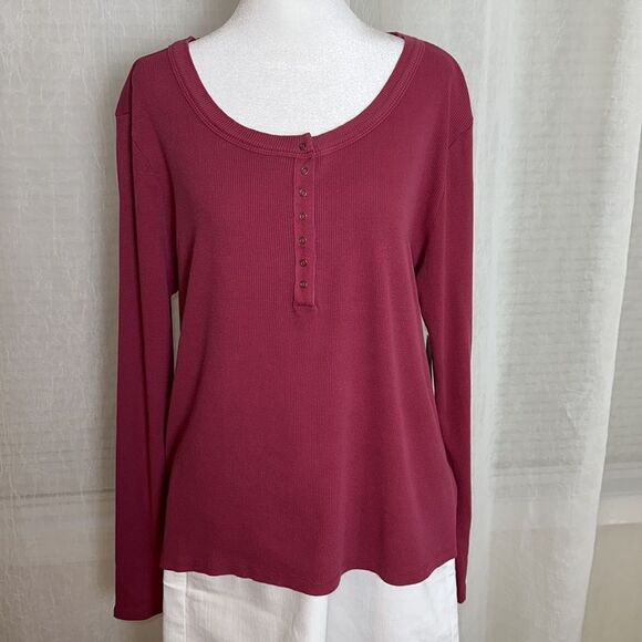 Lucky Brand XL Anemone Deep Pink Long Sleeve Ribbed Knit Snap Cotton Henley - Picture 4 of 16